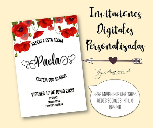 Invitación Digital Personalizada Amapolas Rojas Mod2 40 Años