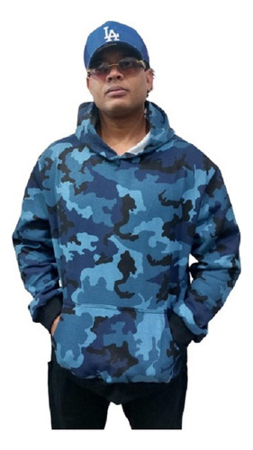 Buzo Oversize Canguro Friza Camuflado Azul Talles Grandes