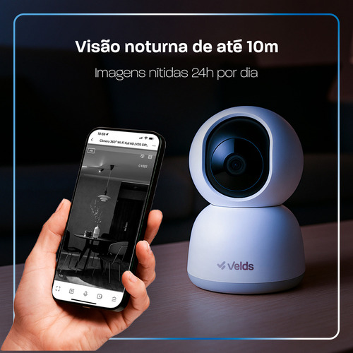 Câmera Inteligente Interna 360° Velds, Wi-Fi, Full HD, Rastreamento de Movimento, Visão Noturna, Detecção de Som, Áudio Bidirecional, VDS CIPTZW-3M, Branco