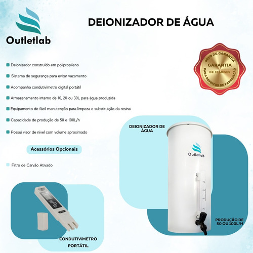 Deionizador De Água De 50l/h Com Armazenamento 10 Litros