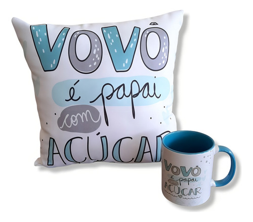 Kit Especial Vovô Almofada Com Nome + Caneca Linda Top Cor Branco Desenho Do Tecido Vovó Com Açúcar