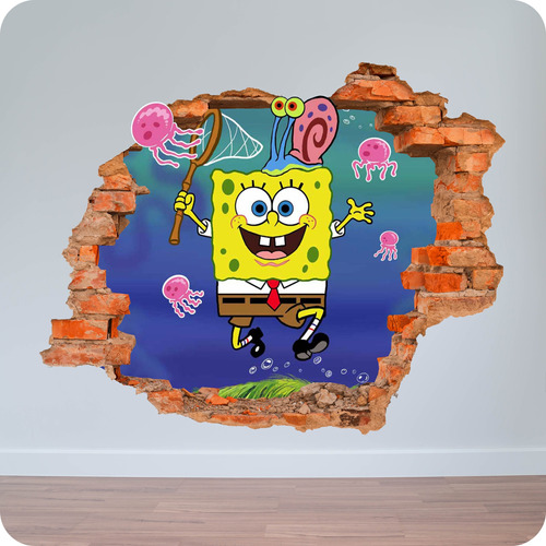 Vinilo Pared Rota 3d Bob Esponja 80x80