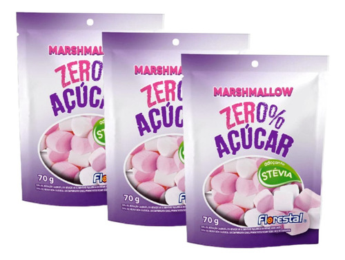 Kit C/3 Pacotes Marshmallow Zero Açucar Morango 70g 