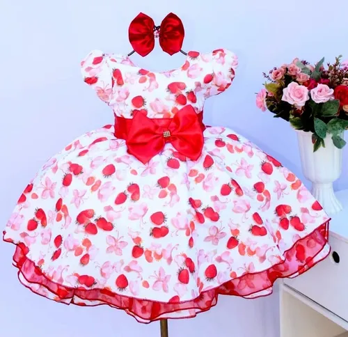 Vestido Moranguinho Infantil Festa Luxo Com Tiara E Faixa