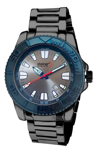 Reloj Steiner Analogo Extensible Acero Inoxidable Dial 3atm Correa Gris oscuro Fondo Negro