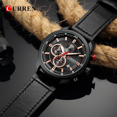 Relogio Masculino Curren Caixa Preta Fosca 50mm Calendario Cronos Funcionais Pùlseira Couro Preto Legitimo Frete Gra
