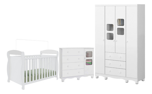 Quarto Bebê Berço Americano Marquesa Guarda Roupa 4pt Cômoda Cor Branco Brilho