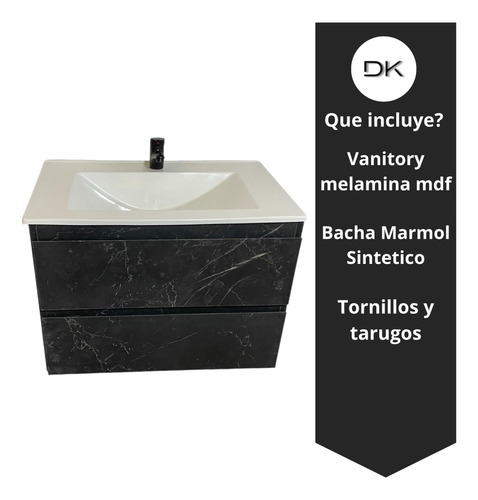 Vanitory Flotante Colgante+bacha 60x37cm Negro Símil Mármol Negro Mármol Blanco Un Agujero
