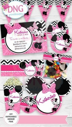 Kit Imprimible Invitaciones Candy Bar Png / Minnie Rosa