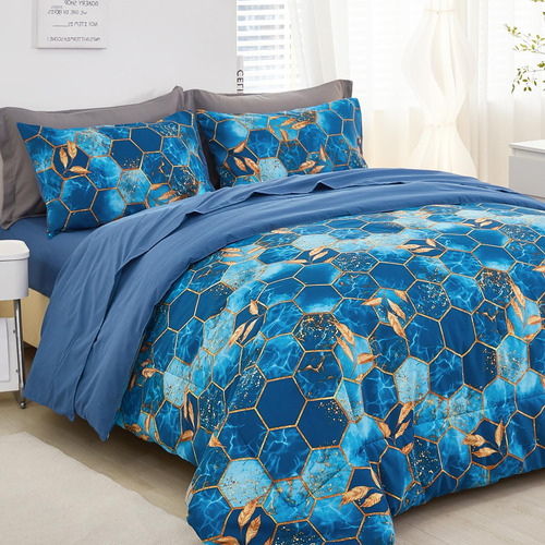 Juego De Cama Matrimonial Estampado Mármol Azul Y Dorado