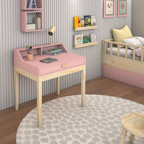 Mesa Teen Para Estudo Com Gaveta Organizadora Brinquedoteca Cor Rose