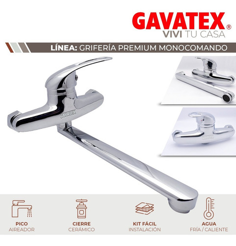 Imagen 3 de 10 de Grifería Monocomando Pico Largo Cocina Lavadero Pared Gx