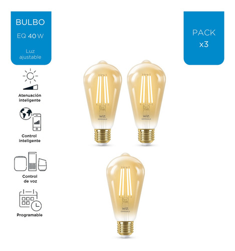 Imagen 2 de 8 de Wiz Kitx3 Bombillo Led Tipo Vintage Inteligente St19 Luz Cal