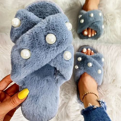 Zapatillas De Hogar Con Punta Abierta De Perlas De Felpa Par
