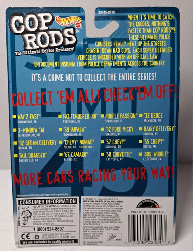 Mattel Hot Wheels 1:64 Cop Rods 57 Chevy 1999 Blanco (Usado)