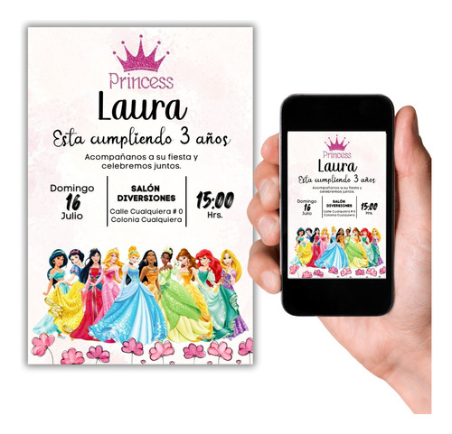 Invitación Cumpleaños Niña Princesas Digital Personalizada