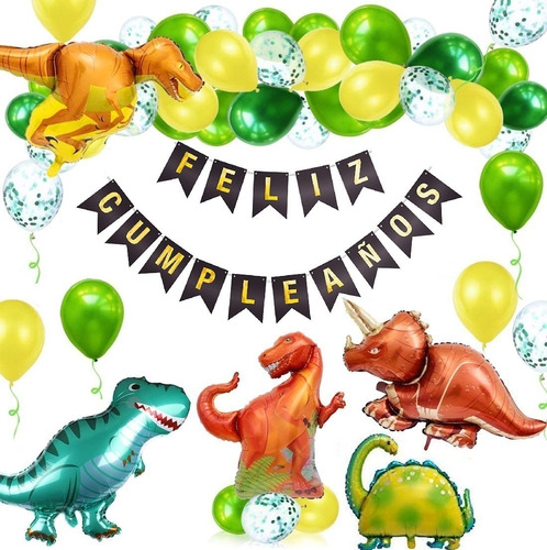 Imagen 1 de 2 de Set Deco Feliz Cumple Globos Dinosaurios Banderin Y Numero