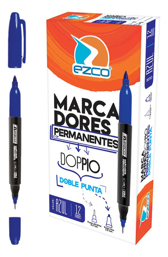 12 Marcadores Ezco Doppio Permanente Doble Punta En Caja Color Azul