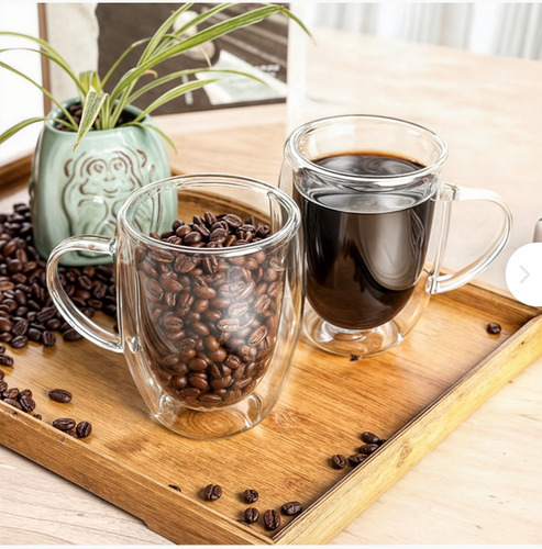 Set 2 Tazon Doble Pared Vidrio 300 Ml Capuccino Cafe Te
