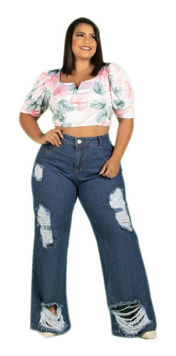 Calça Wide Leg Plus Size Destroyed Rasgada Estilosa