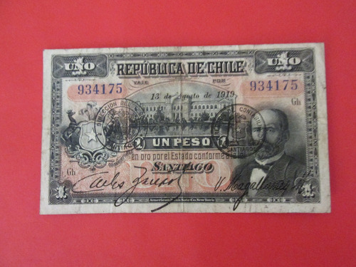 Billete Republica De Chile 1 Peso Zañartu-magallanes 1919