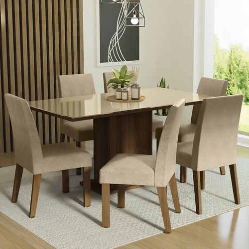 Juego Comedor Mesa Tapa Vidrio 6 Sillas Alexis Madesa Color Marron/Crema/Imperial