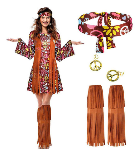 Traje De Los Años 70 Fantasía Hippie Mujer Pendientes