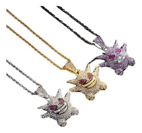 Colgante Cadena Cubana Gengar Con Collar Metal Con Diamantes