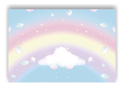 Fundo Fotográfico 2,2x1,5 - Nuvem E Arco-íris 15 Cor Colorido Desenho Impresso Nuvem E Arco-íris Cores Pasteis