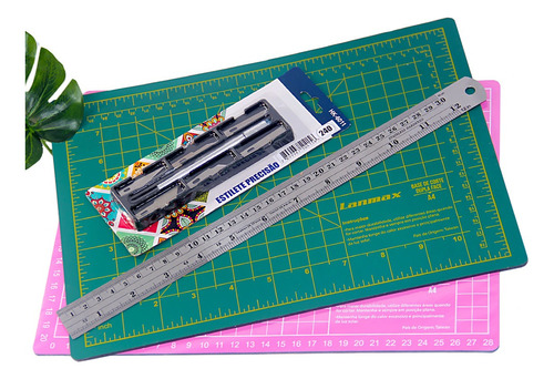 Bisturi Com 6 Lâminas + Base Corte A4 30x22 - Régua Aço 30cm