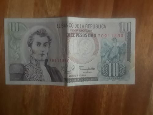 Billete 10 Pesos Oro De Colombia 1980 Impecable Estado