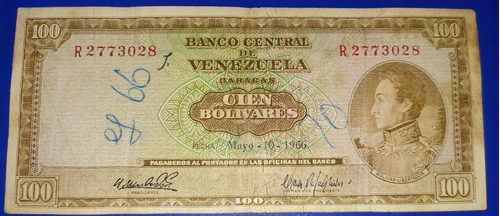 Billete 100 Bolivares Mayo 10 1966 R2773028