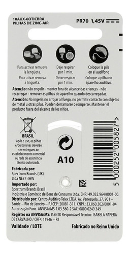 Kit 30 Baterias Pilhas Aparelho Auditivo A10 / Pr70 Oticon