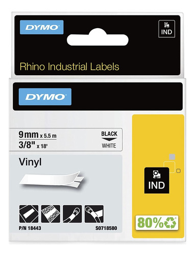 Cintas Industriales Rhino De Vinil 9mm X 5.5m Dymo 18443 Color 1 Pz del Modelo 18443 Negro/Blanco