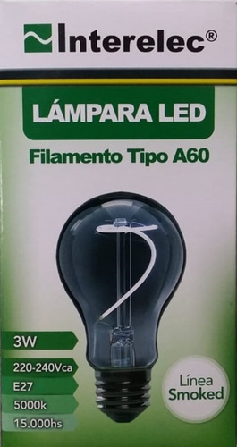 Imagen 2 de 5 de Lampara Filamento Led Smoked A60 3w E27 Luz Fria Interelec