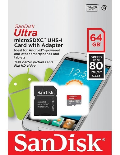 Memoria Micro Sdxc Uhs-l 64gb Sandisk Clase 10 533x 80mb/s