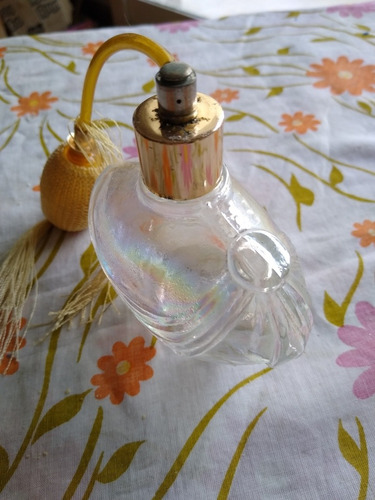 Antiguo Frasco De Perfume De Vidrio Tornasolado Con Pomo (Usado)