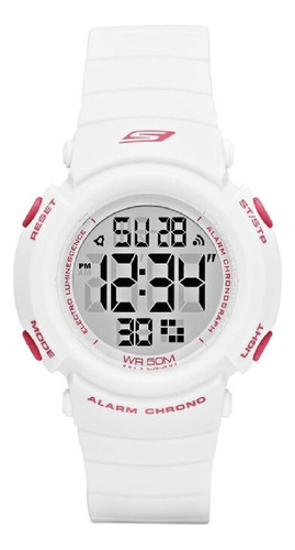 Reloj Skechers Sr2058 Reloj Digital Multifunción P/ Mujer Correa Blanco Bisel Blanco Fondo Gris