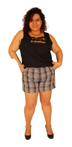 Shorts Alfaiataria Xadrez Preto Plus Size 48 Ao 54 Plus Size