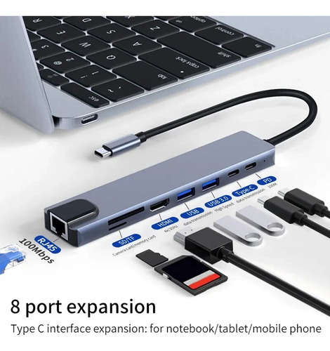 Hub 8 En 1 Usb 3.0 Tipo C Hdmi Ethernet Rj45 Micro Sd Carga