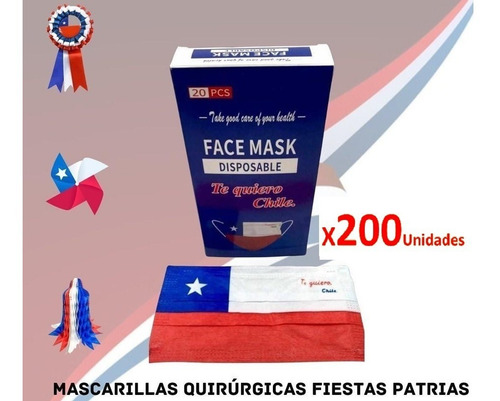 Mascarilla De Chile Desechable 200 Unidades Bandera Chilena 