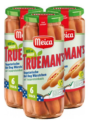 Kit C/ 3 Salsichas Truemans Hot Dog Vegetarianas Meica 300g