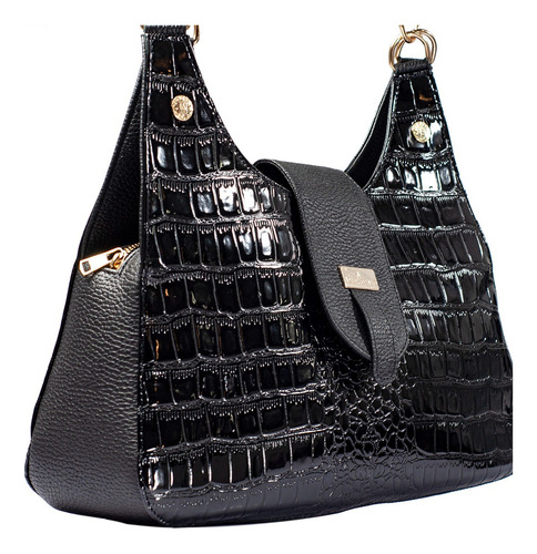 Bolsa Satchel Irma Cocodrilo Charol Negro - Angelozano