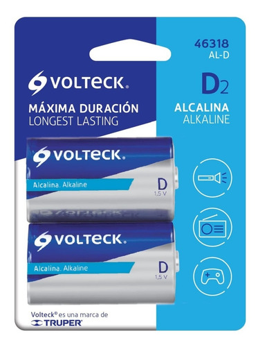 Pila Alcalina Tamaño D, Blister Con 2 Pzas, Volteck