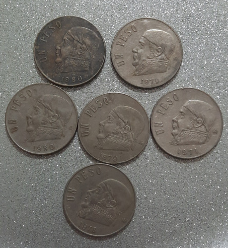 6 Monedas De Un Peso Morelos 1970, 1971, 1978, 1979 Y 1980. (Usado)