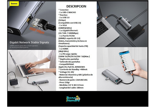 Imagen 2 de 10 de Hub Adaptador 9 En 1 Usb C Hdmi 100w 5a Baseus Caba Tecno