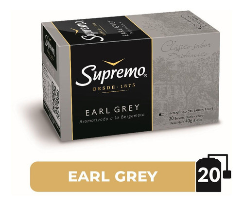 Té Premium Earl Grey Aroma Bergamota Supremo 20 Bolsitas