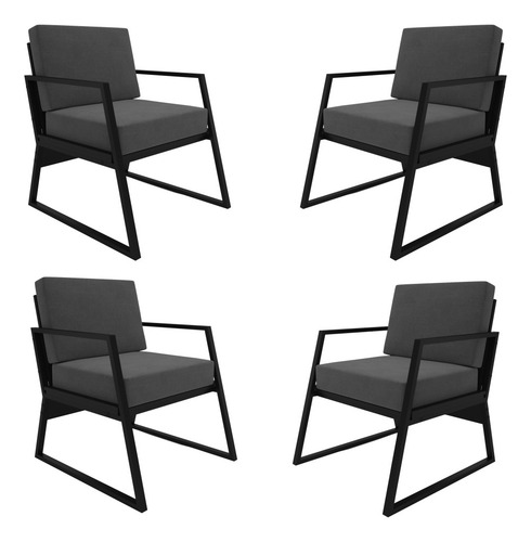 Set Com 4 Cadeiras Poltrona Estilo Industrial Estofado Suede Cor Cinza Estrutura Em Ferro Preto