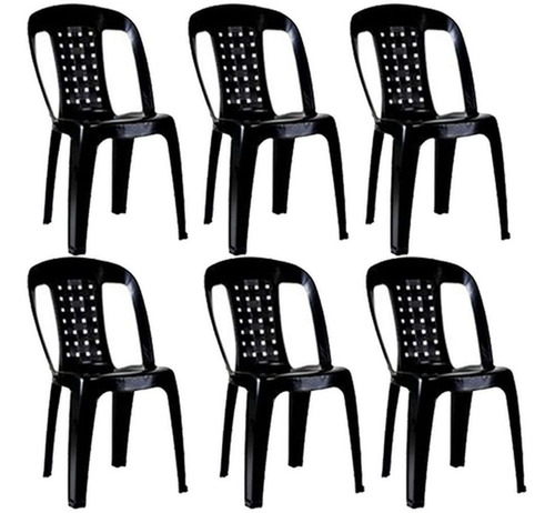 6 Cadeiras Plástica Preta Bistrô Resistente 154kg Resistente Cor da estrutura da cadeira Preto Cor do assento Preto