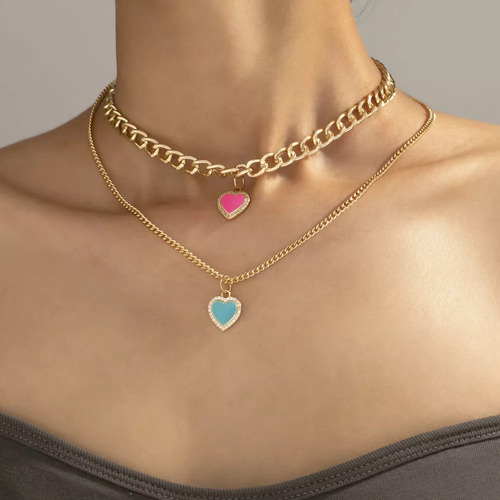 Set 2 Collar Doble Cadena Dije Corazón Mujer